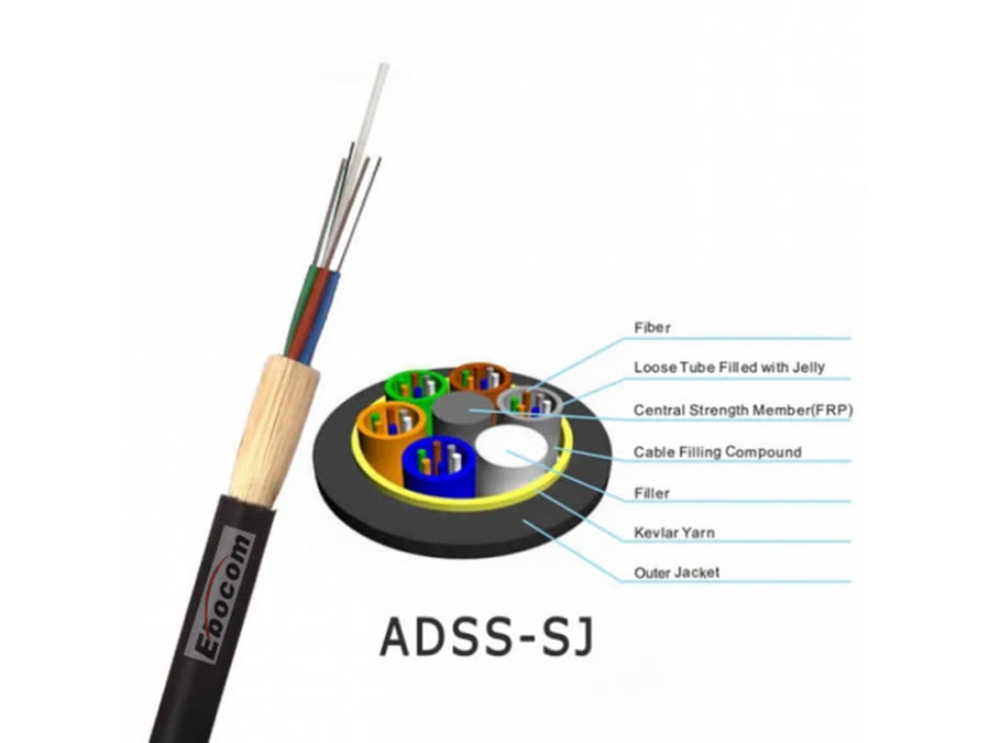 All Dielectric Self Supporting Fiber Optic Cable Single Jacket ADSS 12 24 48 Core For Communication